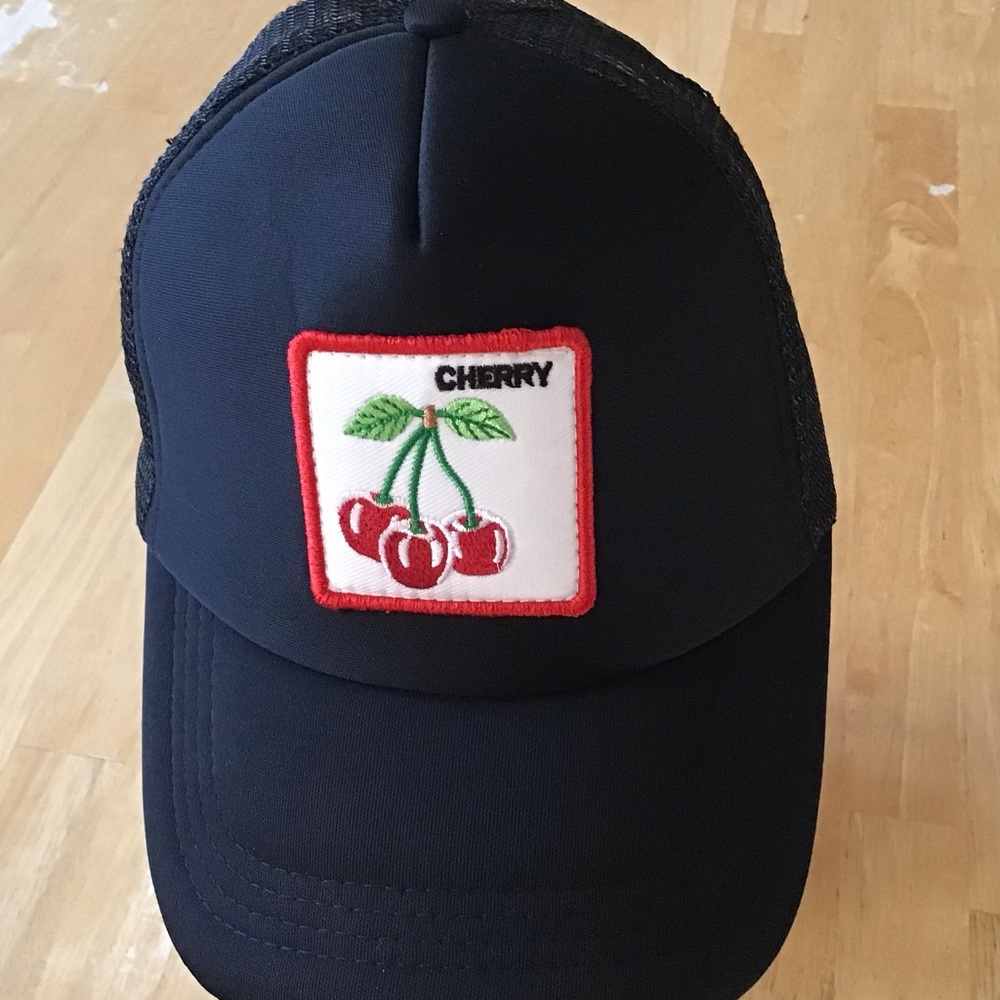 Cherry Embroidered Women's Trucker Hat - Black and Red adjustable back
